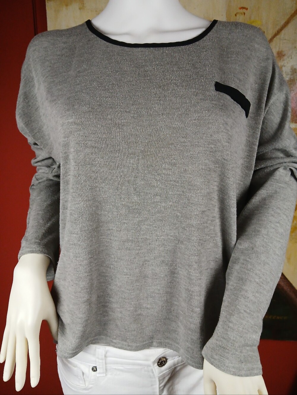 mine Light Gray Crewneck Sweater with Black Trim